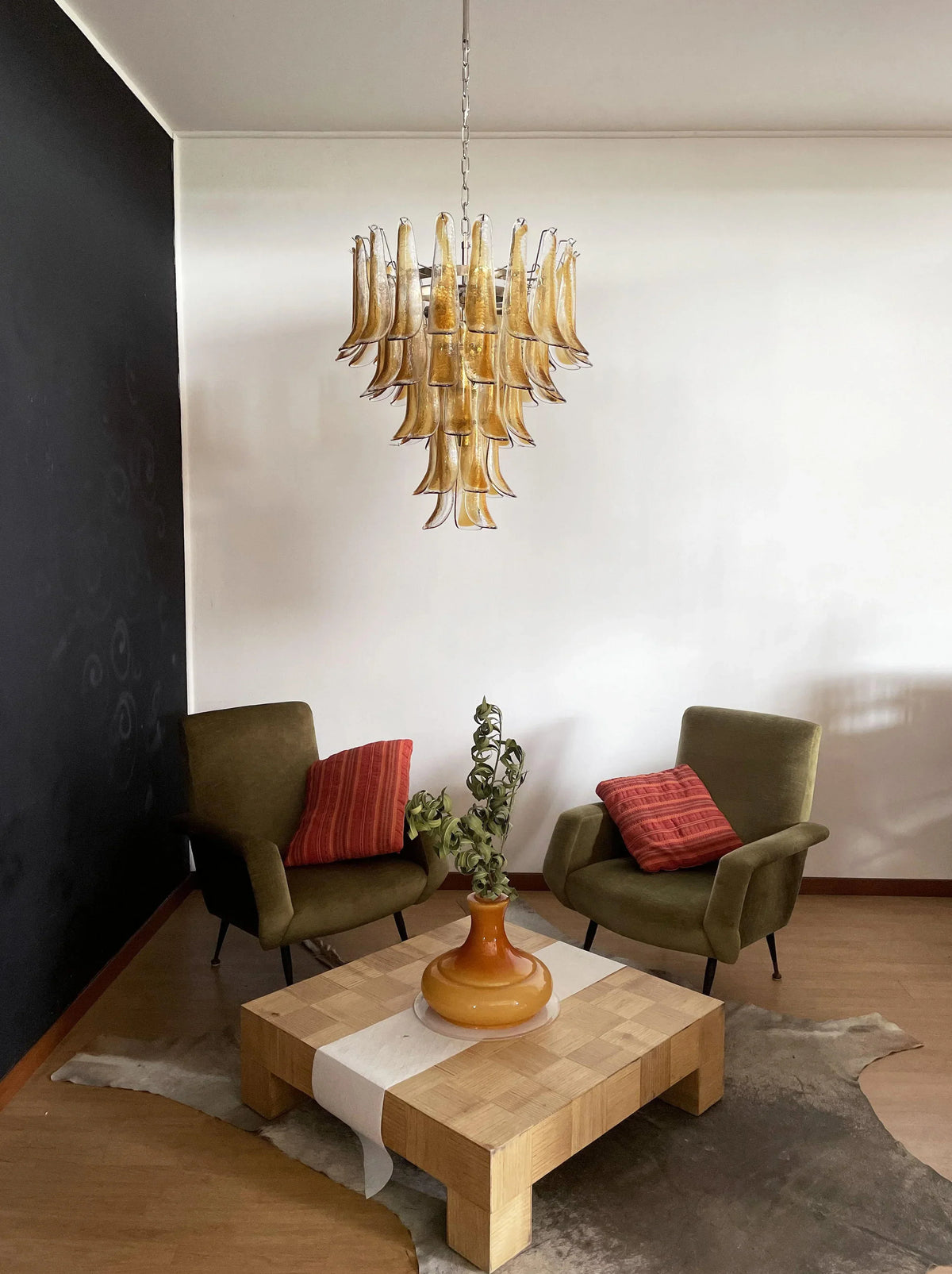 Vintage Transparent Amber Murano Glass Petals Chandelier