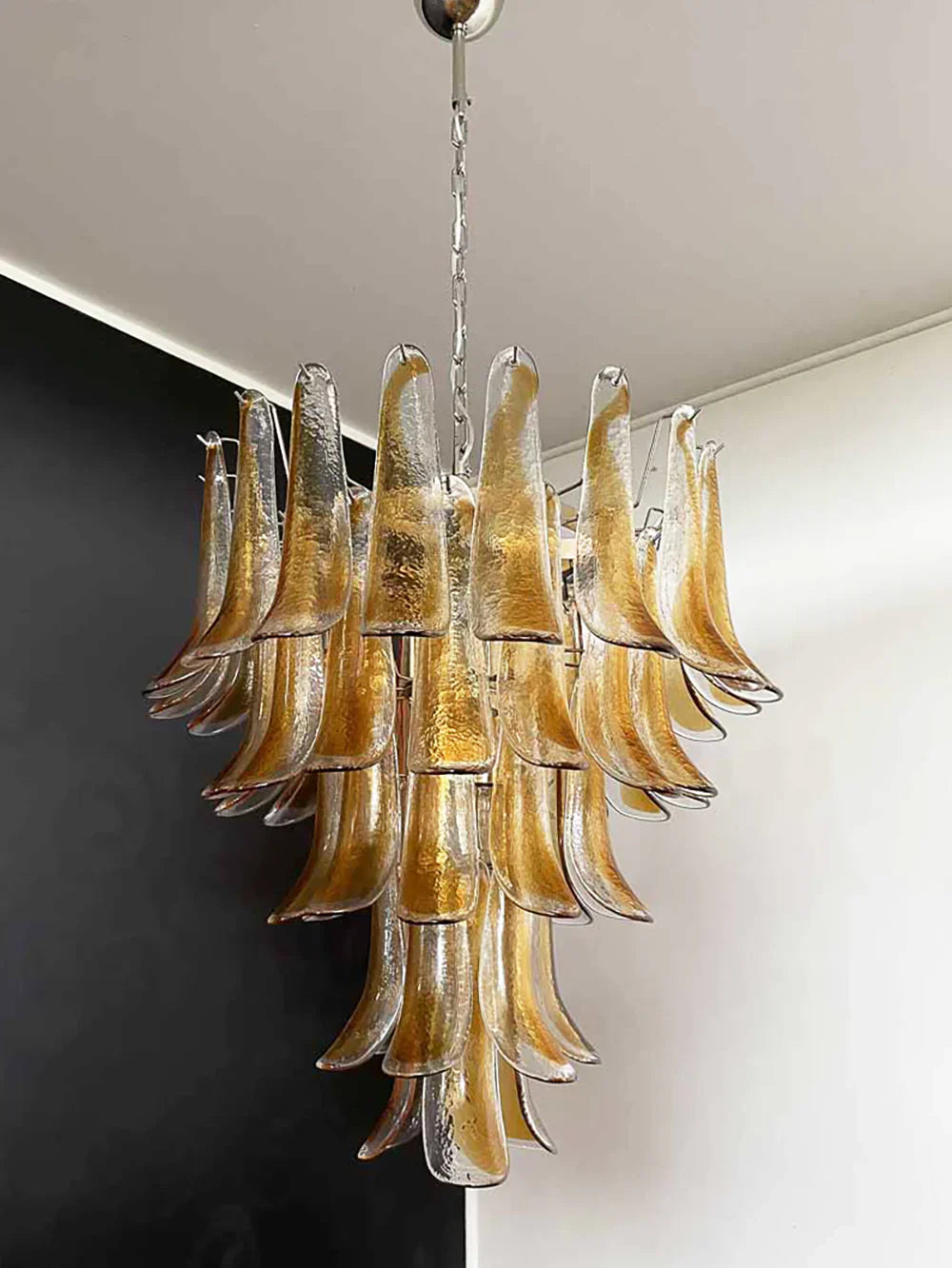 Vintage Transparent Amber Murano Glass Petals Chandelier
