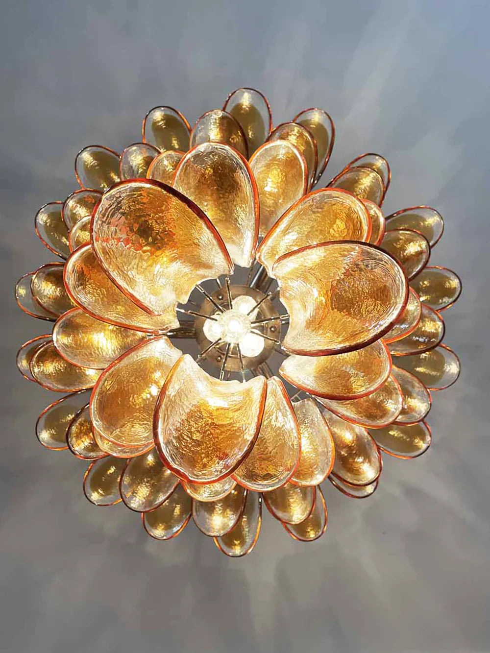 Vintage Transparent Amber Murano Glass Petals Chandelier