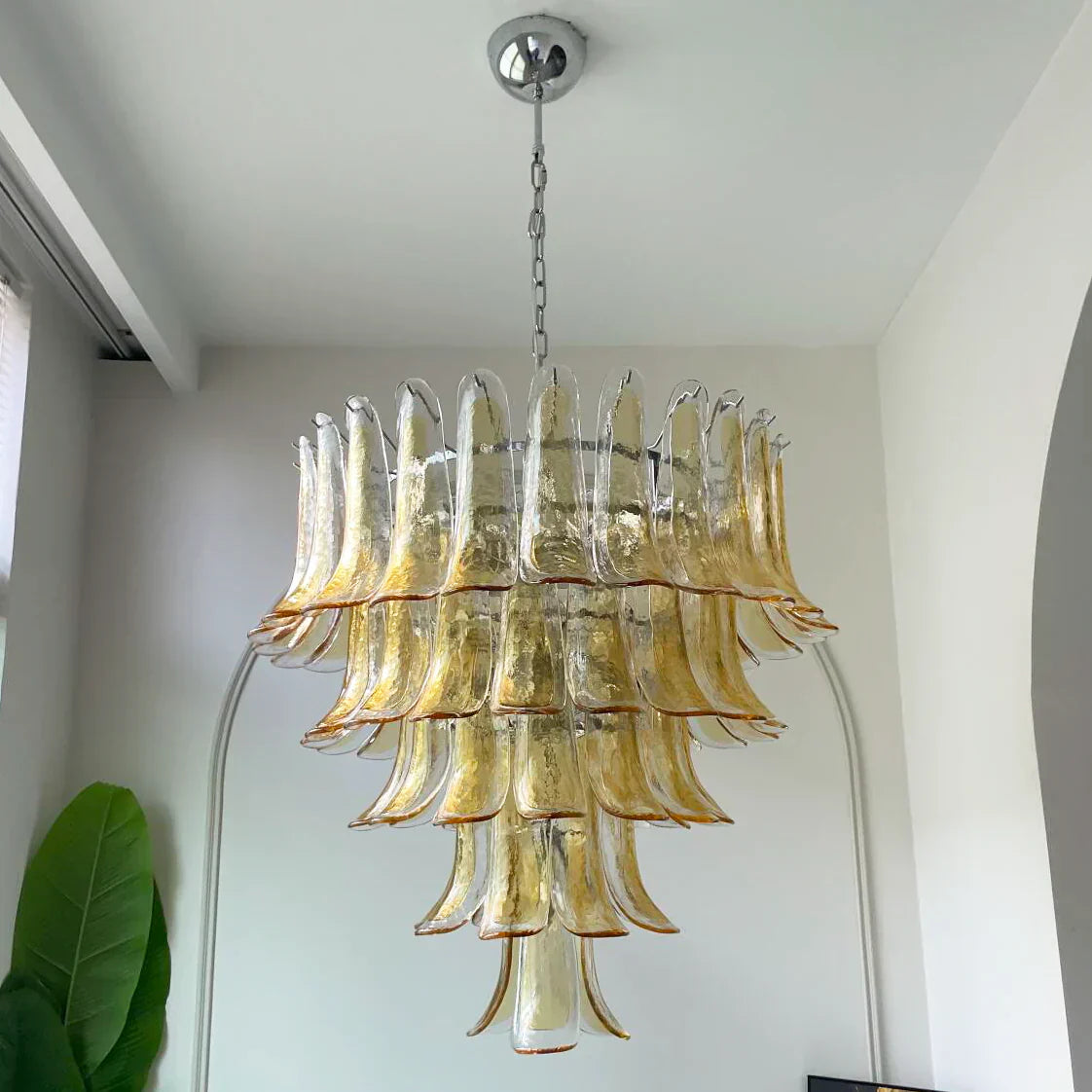 Vintage Transparent Amber Murano Glass Petals Chandelier