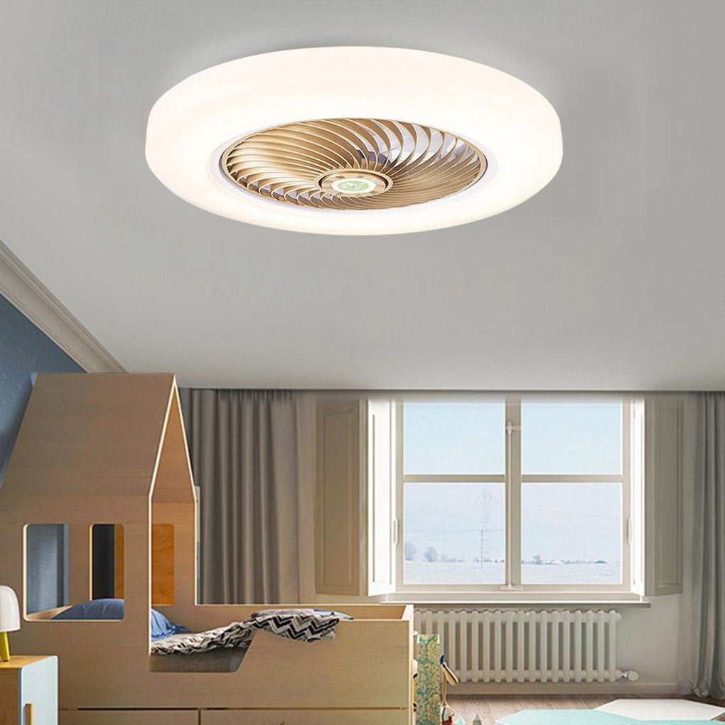 Modern Flush Mount Bladeless Enclosed Ceiling Fan With Round Bright Led Lighting And Remote