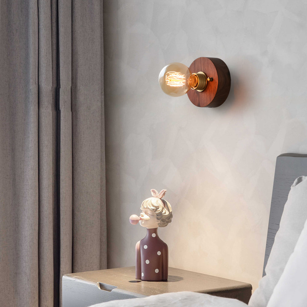 Round Square Vintage Walnut Wood Wall Lamp 1 Light With Pull Chain Switch