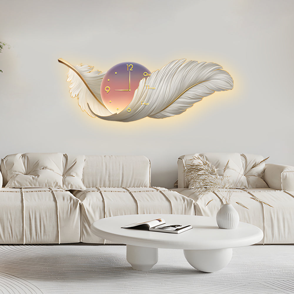 2 In 1 Wall Feather Painting Hanging Decor Led Wall Lamp Wall Clock