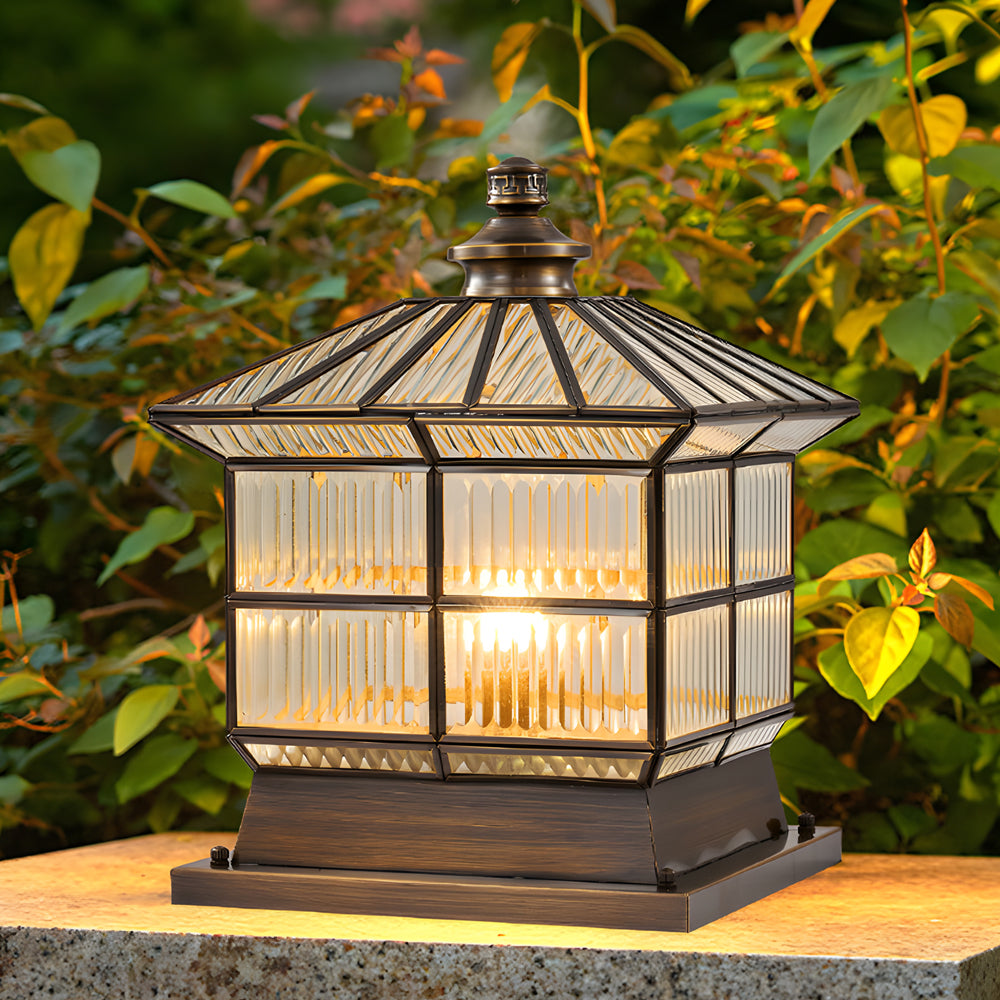 Square Bronze Hardwired Solar Pillar Lamp Fence Post Light With 3 Step Dimming