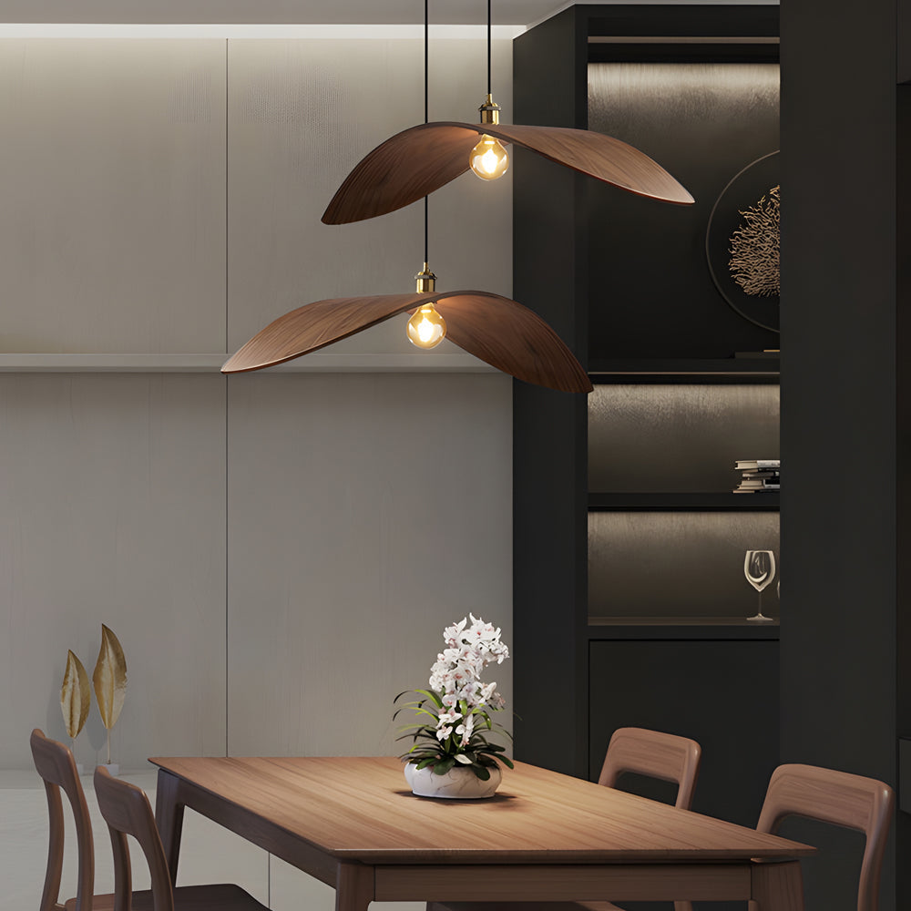 Wabi Sabi Walnut Bar Chandelier Leaf Curve Wooden Pendant Light