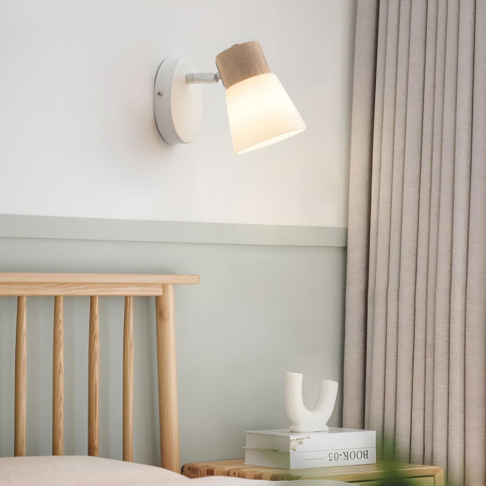 Wood Glass Cone Rotatable Light Wall Sconce White