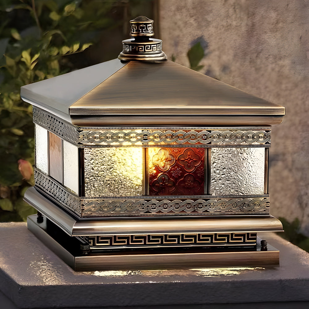 European Square Hardwired Solar Copper Outdoor Column Light With Glass Shade Bronze