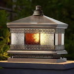 European Square Hardwired Solar Copper Outdoor Column Light With Glass Shade Bronze