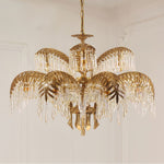 Brass Palm Leaf Crystal Chandelier