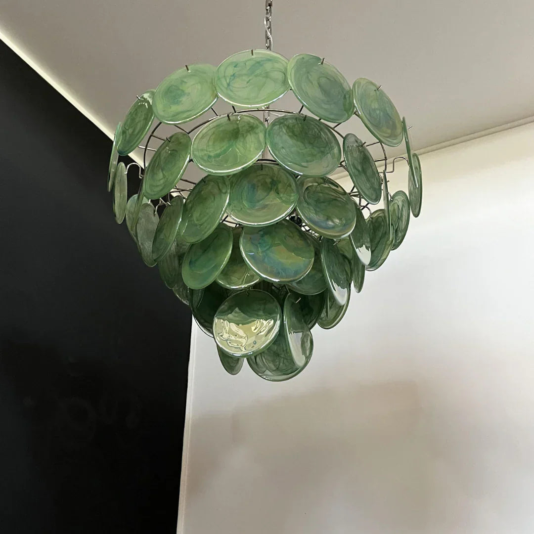 Elegant Green Murano Iridescent Disc Chandelier