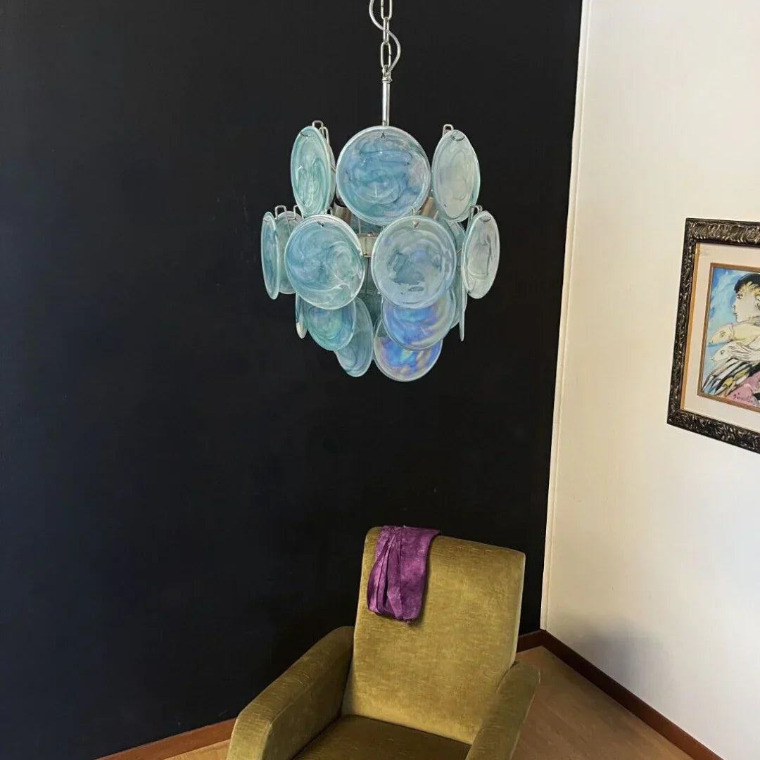 Vintage Murano Blue Glass Disks Chandelier