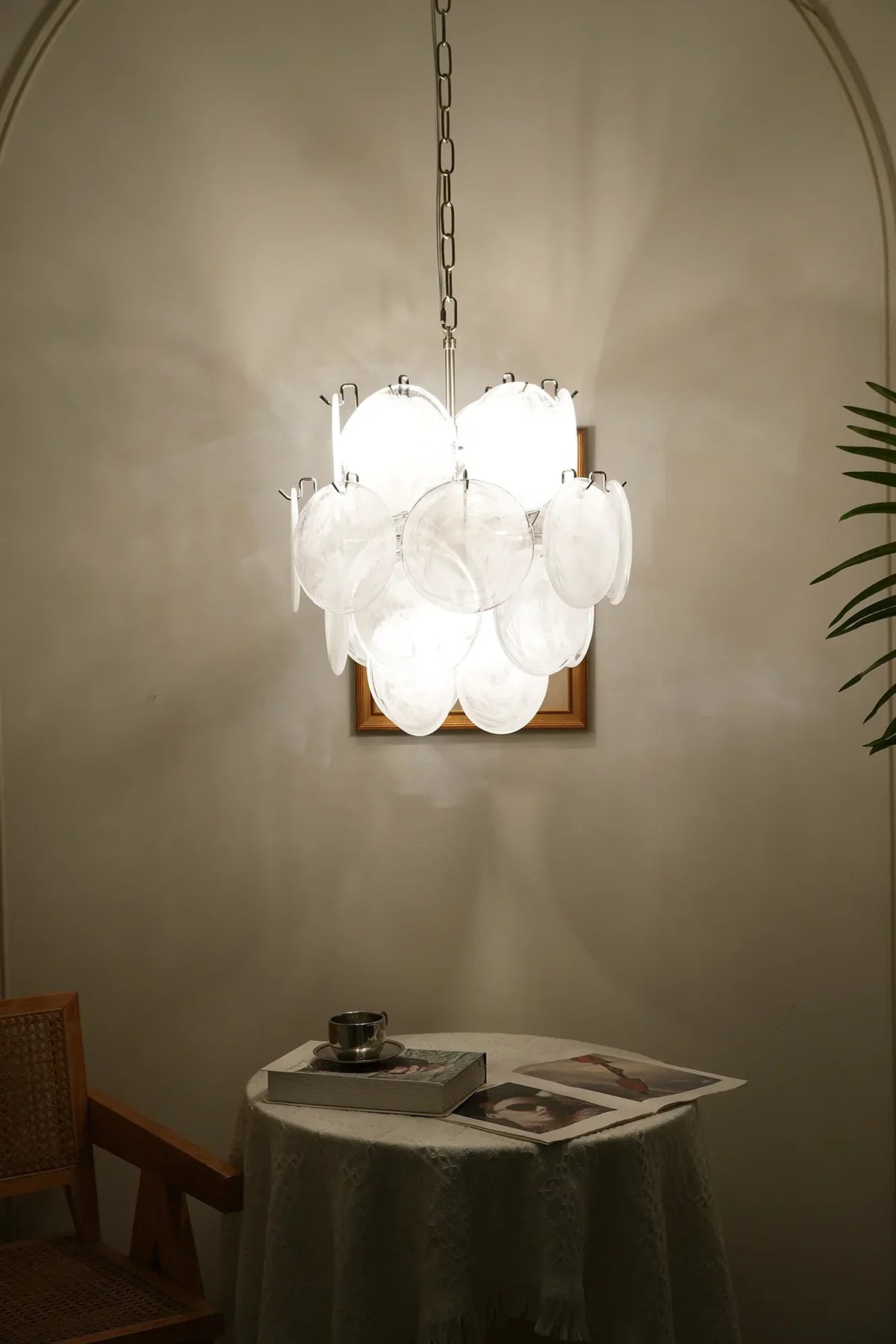 Vintage Murano White Glass Disks Chandelier